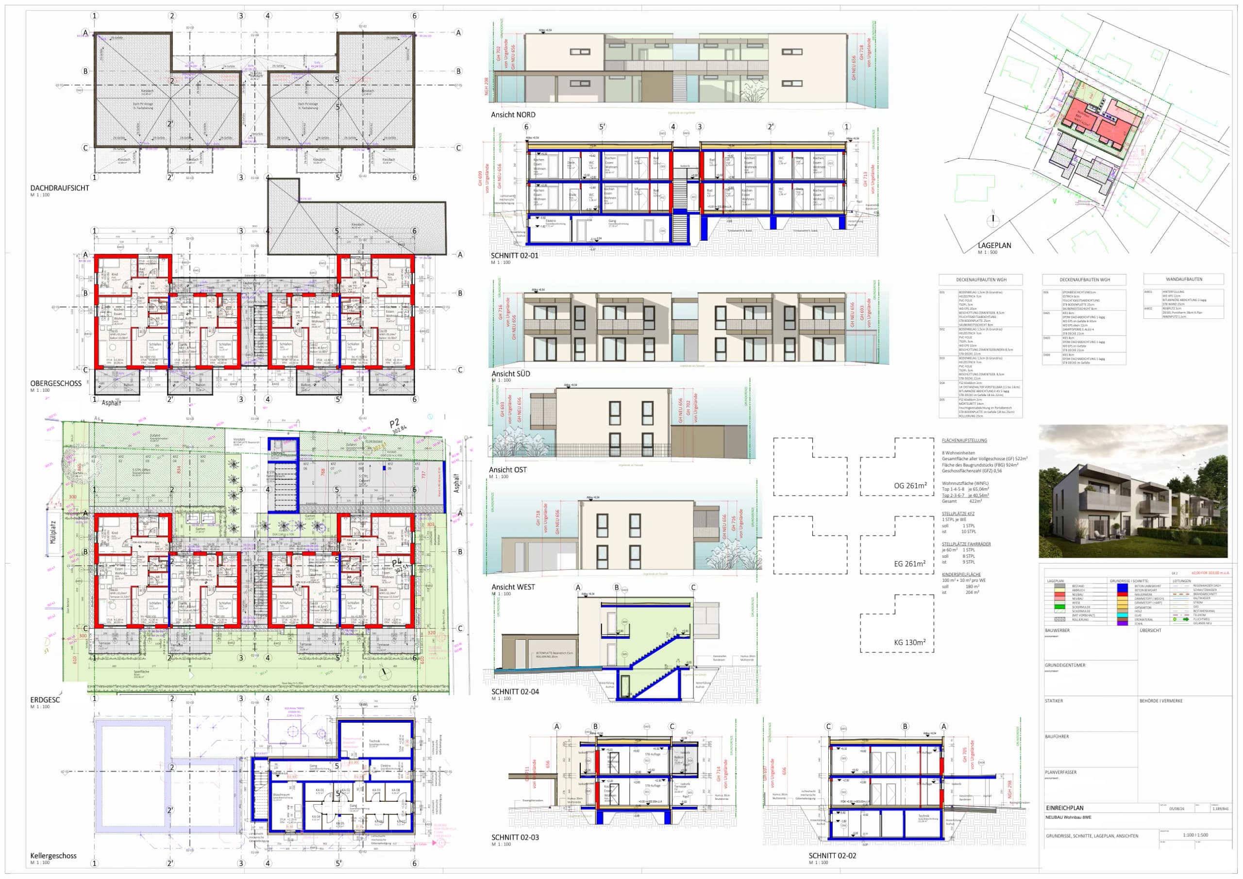 Permit plan of the residential complex with 8 flats: floor plans, sections, elevations and site plan on one sheet (anonymised)