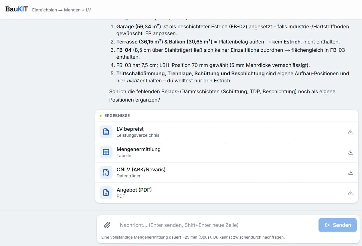 Export-Optionen in BauKIT: LV bepreist, Mengenermittlung, ONLV (ABK/Nevaris) und Angebot als PDF